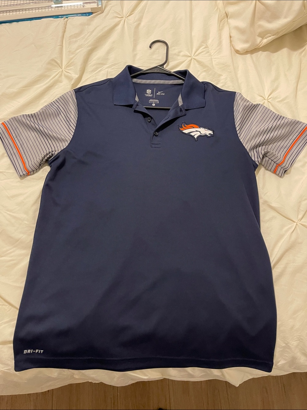 Denver Broncos Navy Polo with Gray Striped Sleeves and Orange Accents